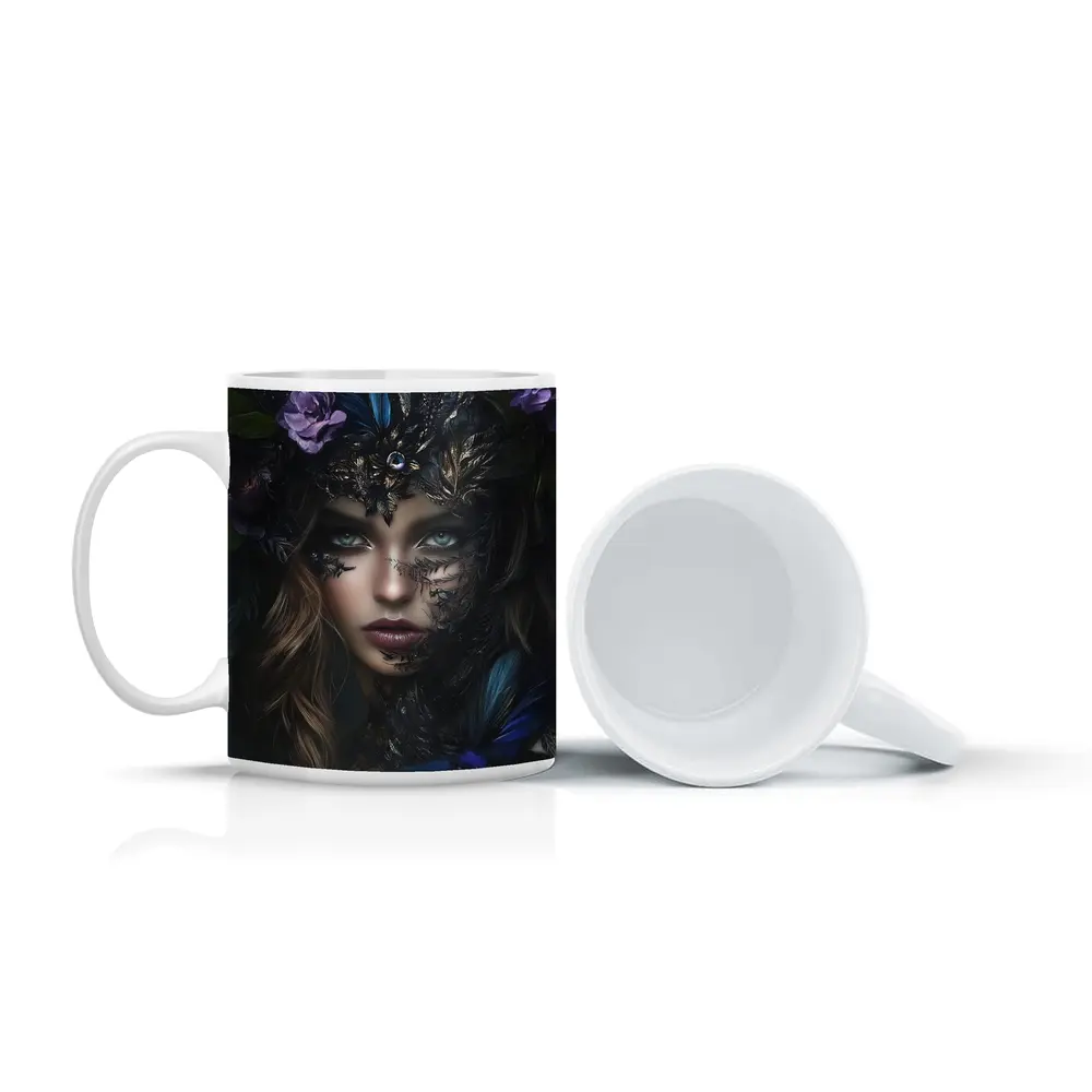 Dark Fantasy Woman With Floral Crown Portrait – Mugs