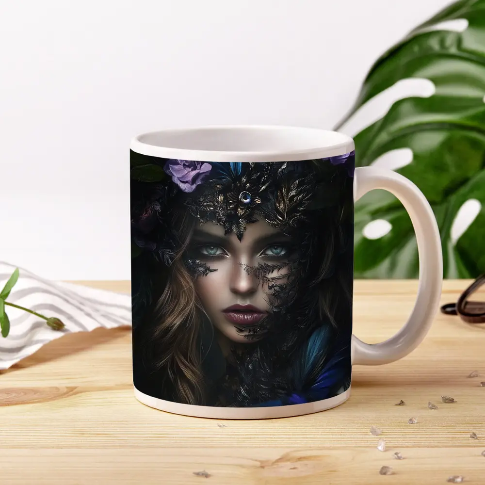 Dark Fantasy Woman With Floral Crown Portrait – Mugs