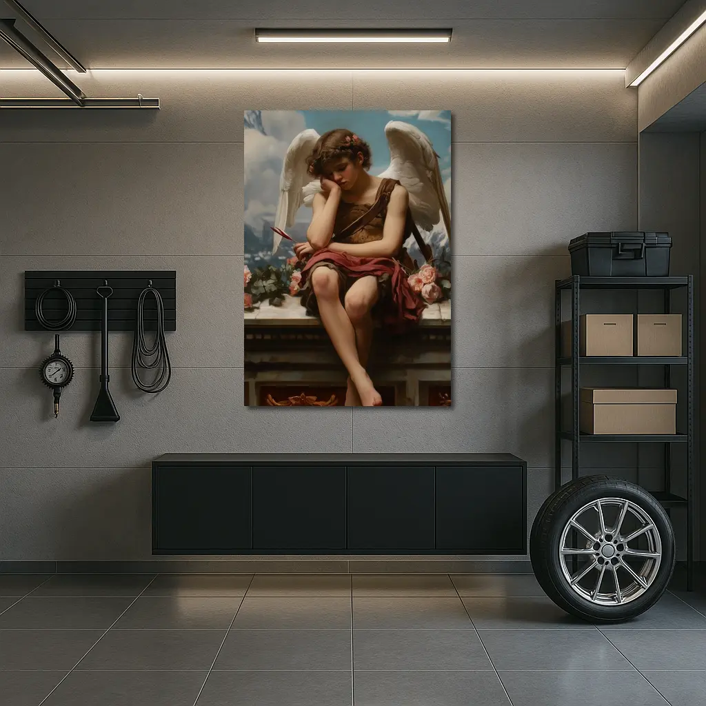 Cupid Angel Sitting With Roses Painting – Wall Art