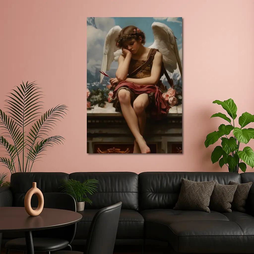 Cupid Angel Sitting With Roses Painting – Wall Art