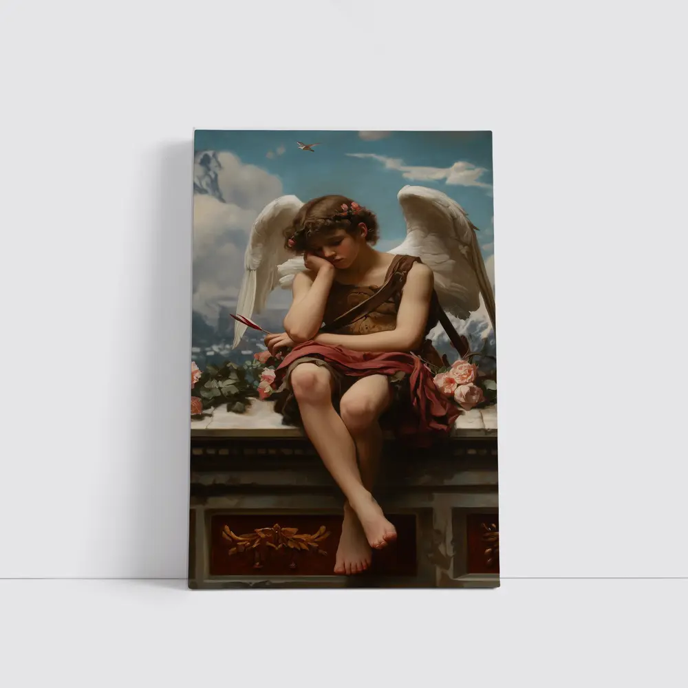 Cupid Angel Sitting With Roses Painting – Wall Art
