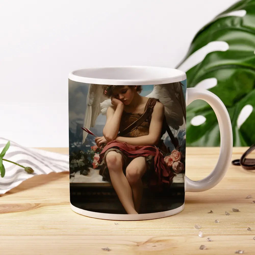 Cupid Angel Sitting With Roses Painting – Mugs