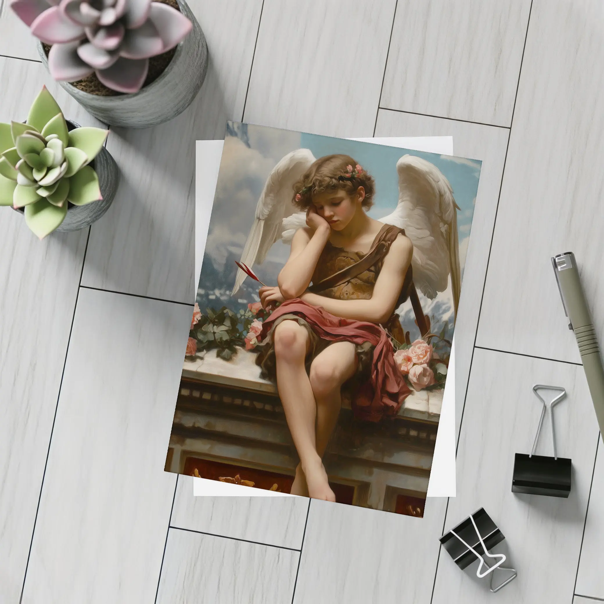 Cupid Angel Sitting With Roses Painting – Postcards