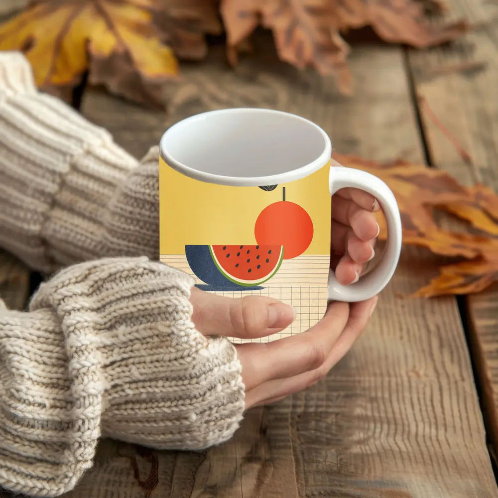 Retro Minimal Fruit Still Life Yellow Background – Mugs