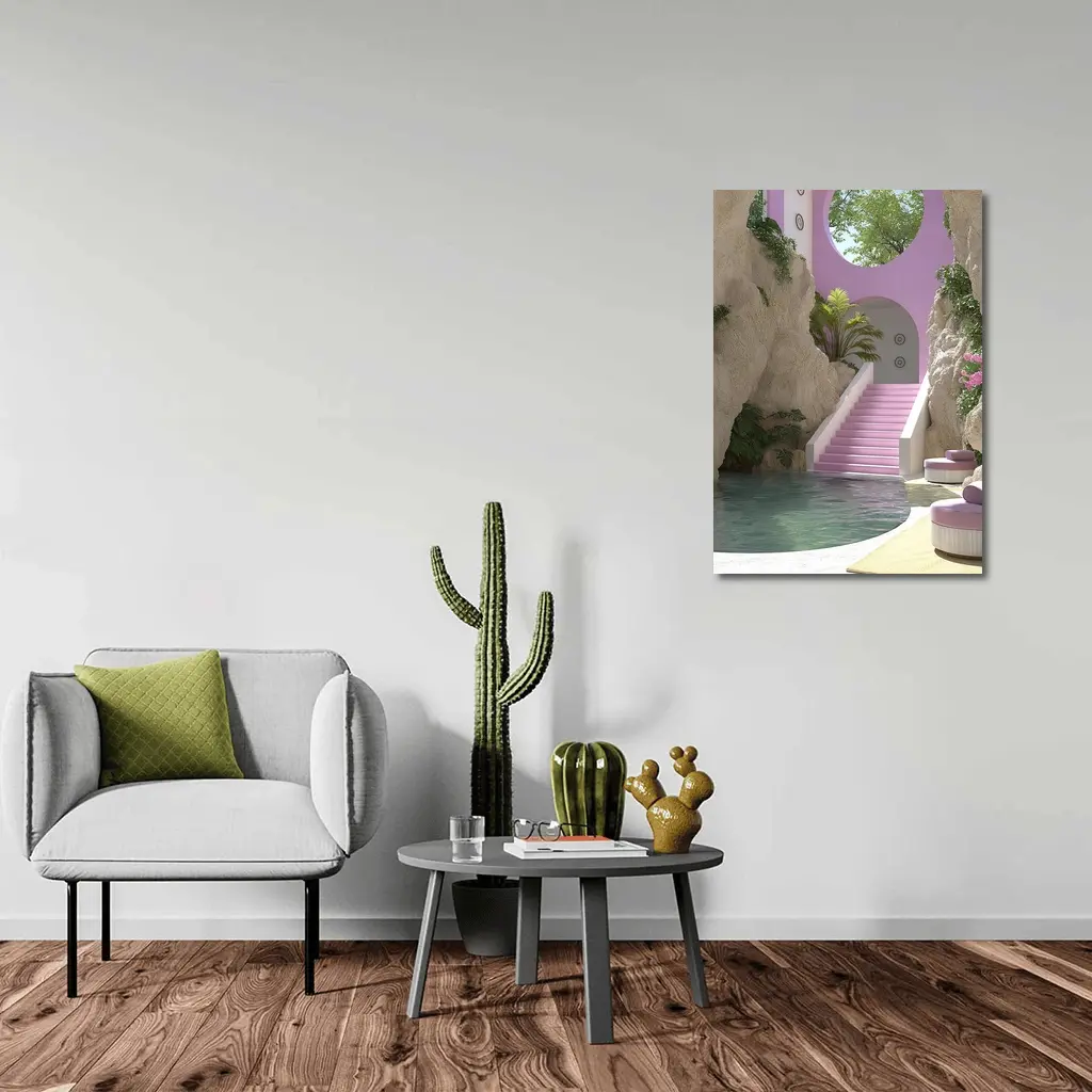 Pink Archway Pool Surreal Tropical Architecture – Wall Art