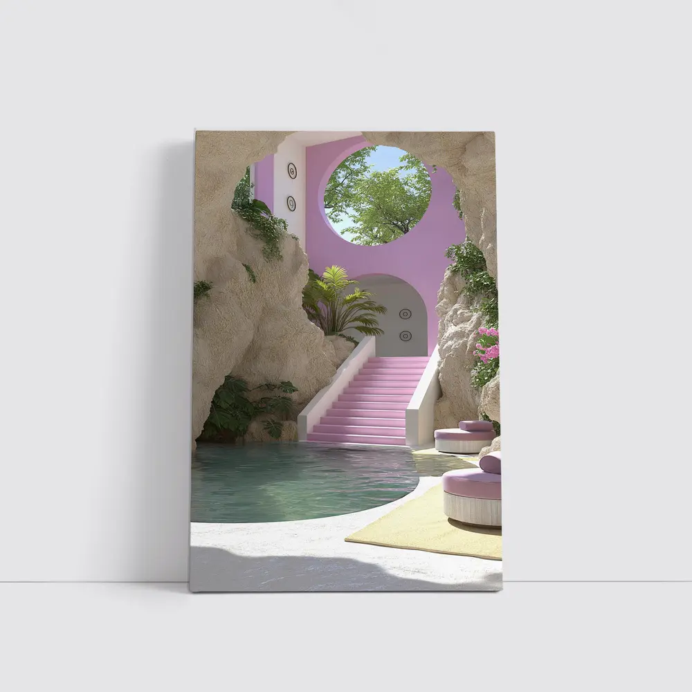Pink Archway Pool Surreal Tropical Architecture – Wall Art