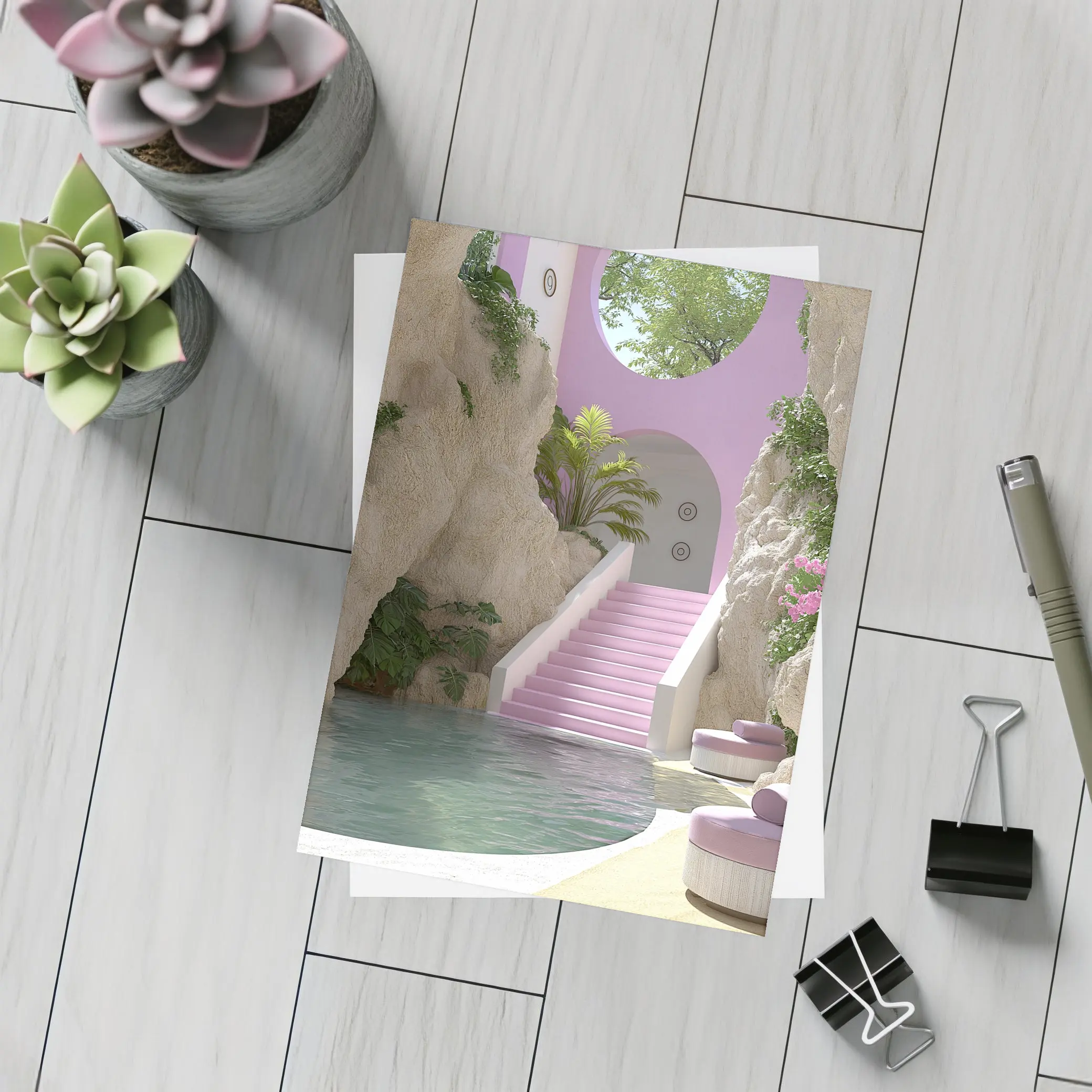 Pink Archway Pool Surreal Tropical Architecture – Postcards