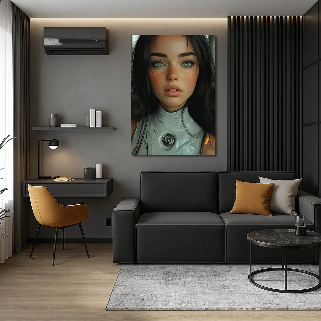 Futuristic Cyborg Girl Green Eyes Portrait – Wall Art