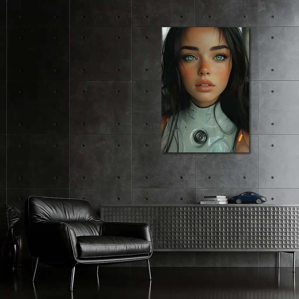 Futuristic Cyborg Girl Green Eyes Portrait – Wall Art