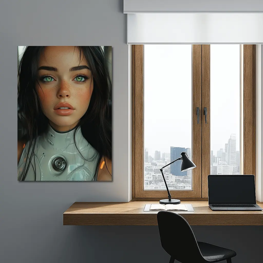 Futuristic Cyborg Girl Green Eyes Portrait – Wall Art