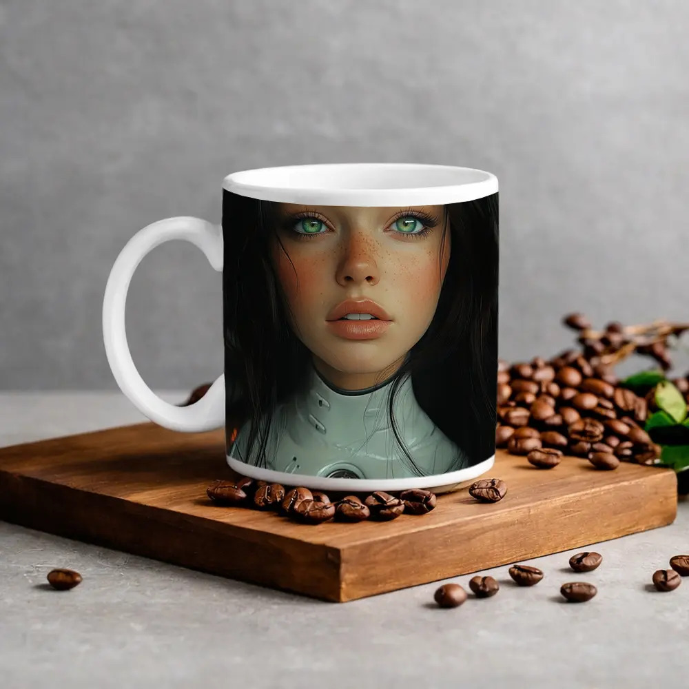 Futuristic Cyborg Girl Green Eyes Portrait – Mugs
