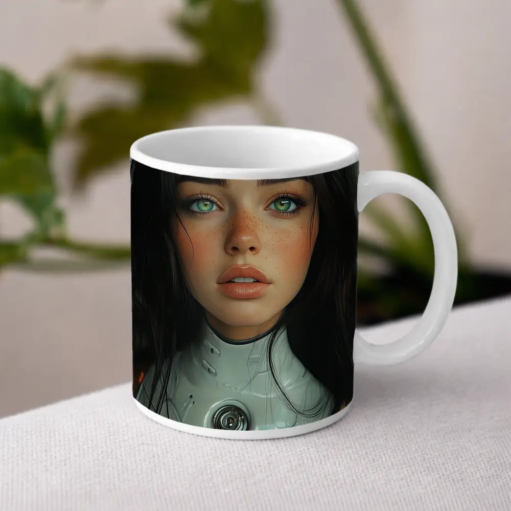 Futuristic Cyborg Girl Green Eyes Portrait – Mugs