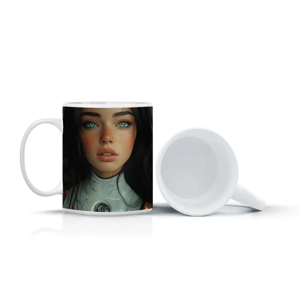 Futuristic Cyborg Girl Green Eyes Portrait – Mugs