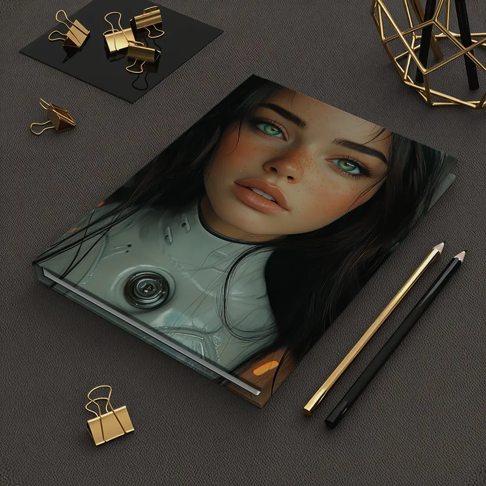 Futuristic Cyborg Girl Green Eyes Portrait – Notebooks