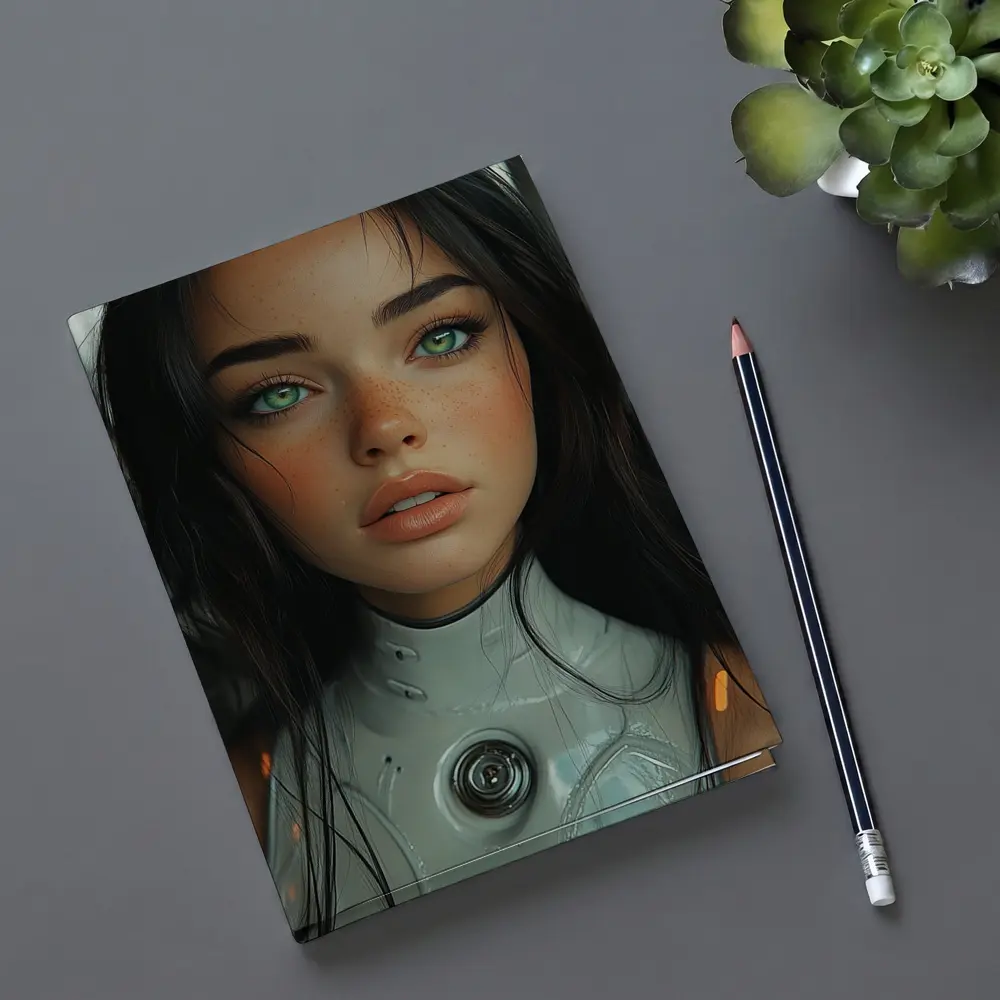 Futuristic Cyborg Girl Green Eyes Portrait – Notebooks