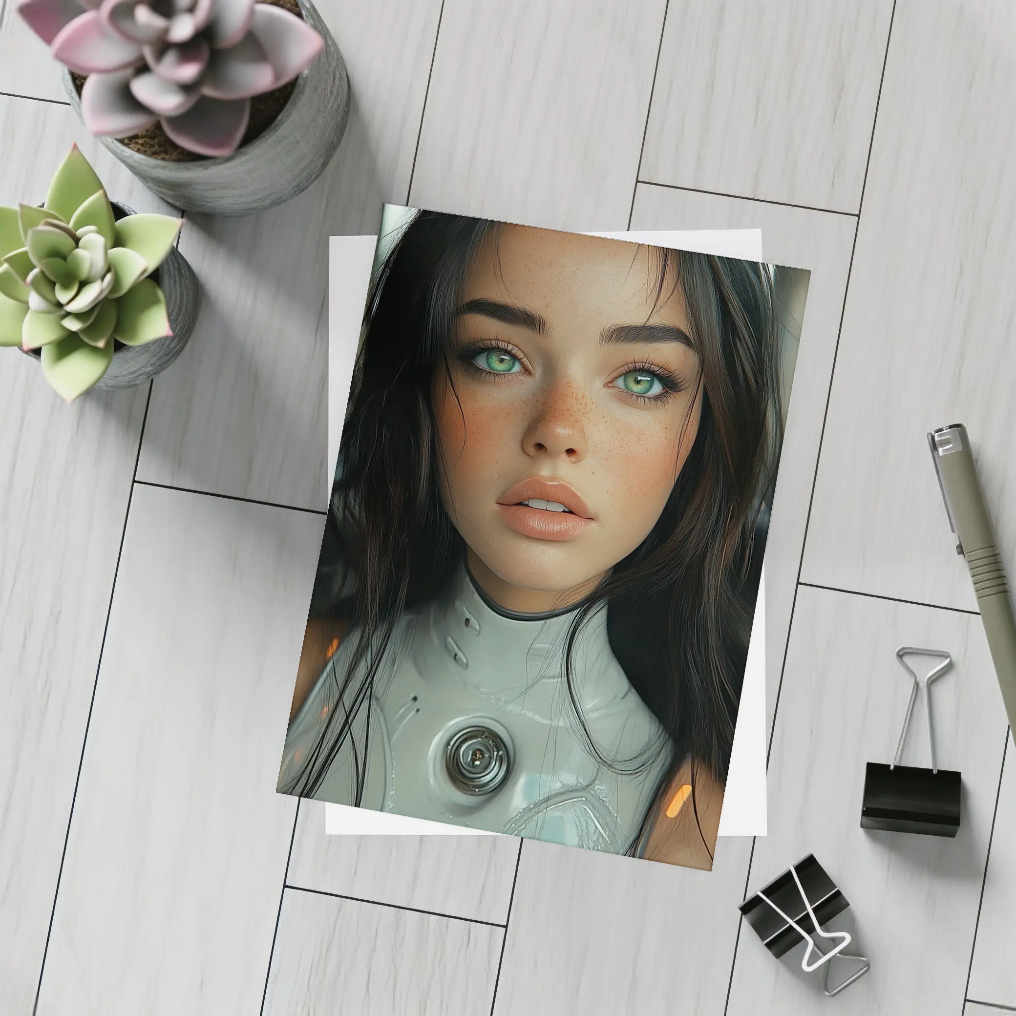 Futuristic Cyborg Girl Green Eyes Portrait – Postcards