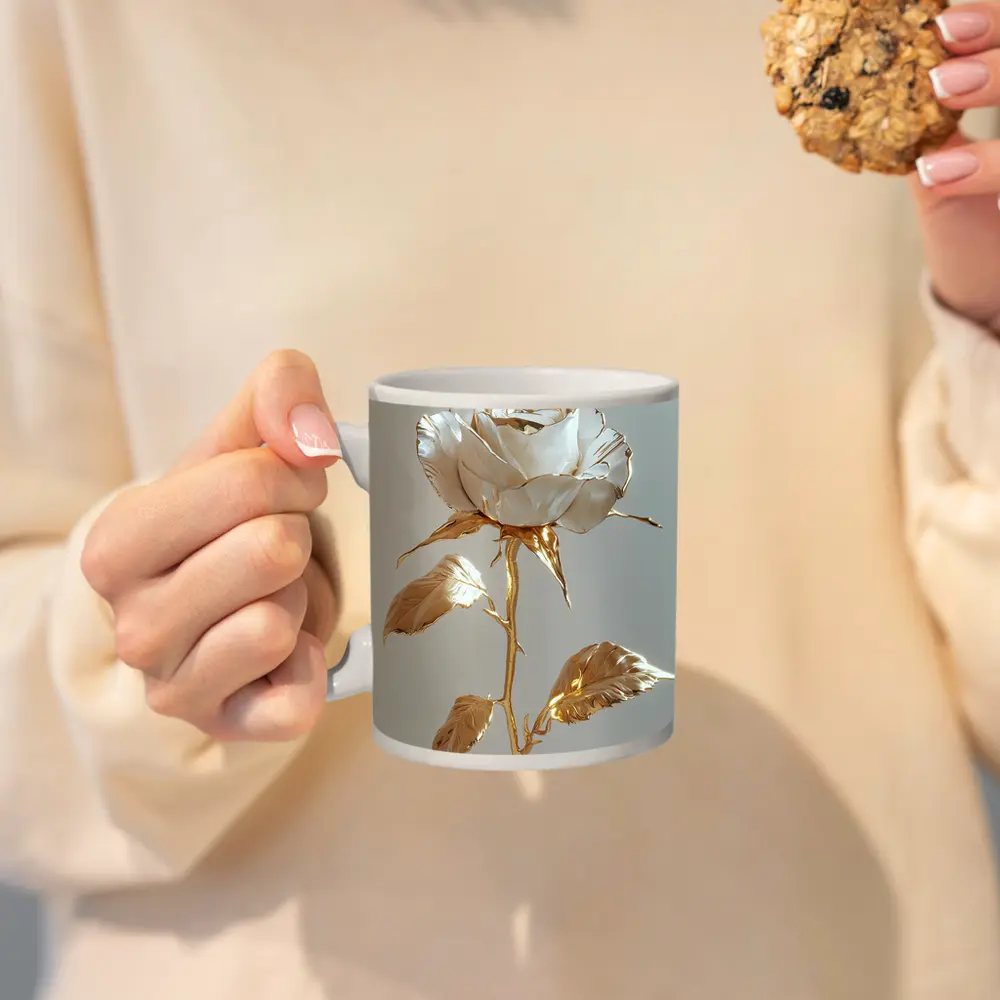 White Gold Rose Metallic Flower Art – Mugs