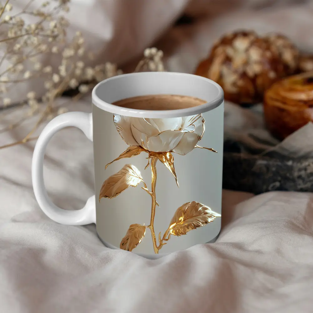 White Gold Rose Metallic Flower Art – Mugs