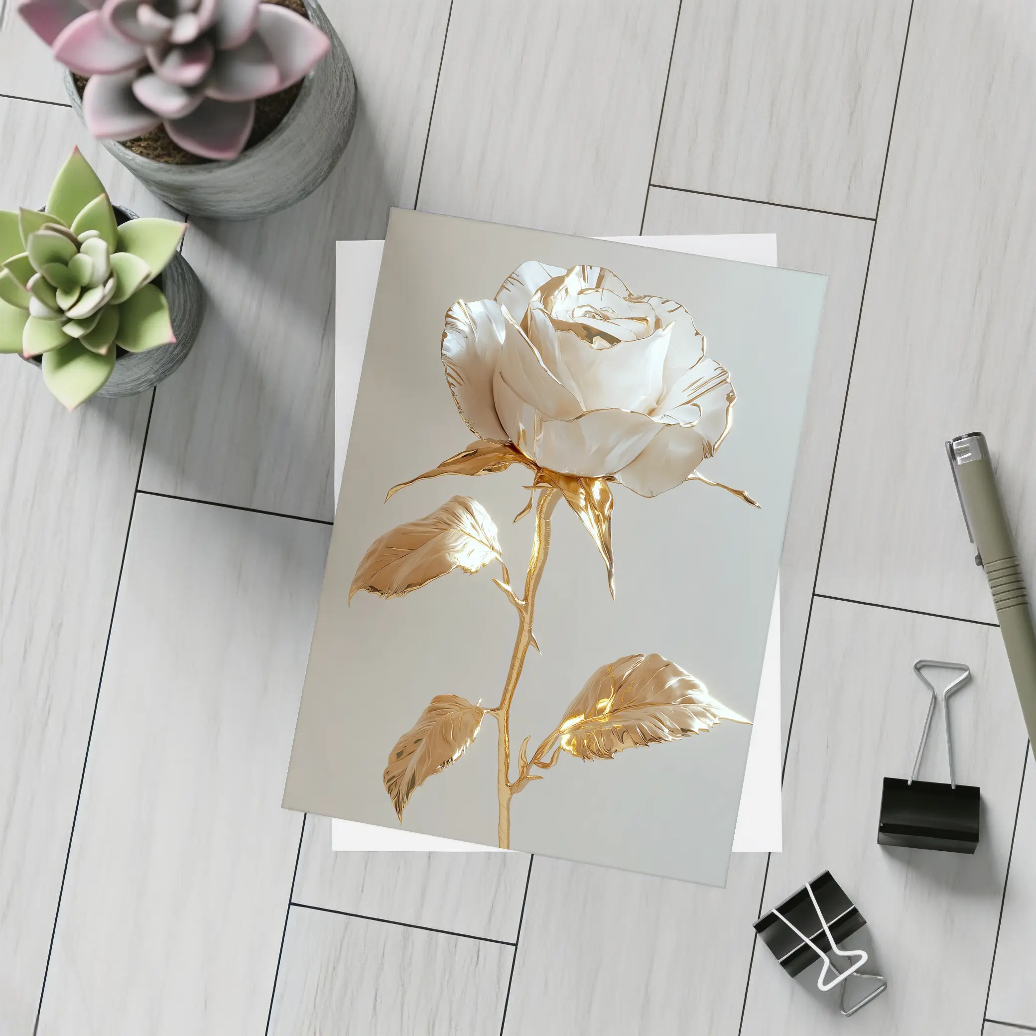 White Gold Rose Metallic Flower Art – Postcards