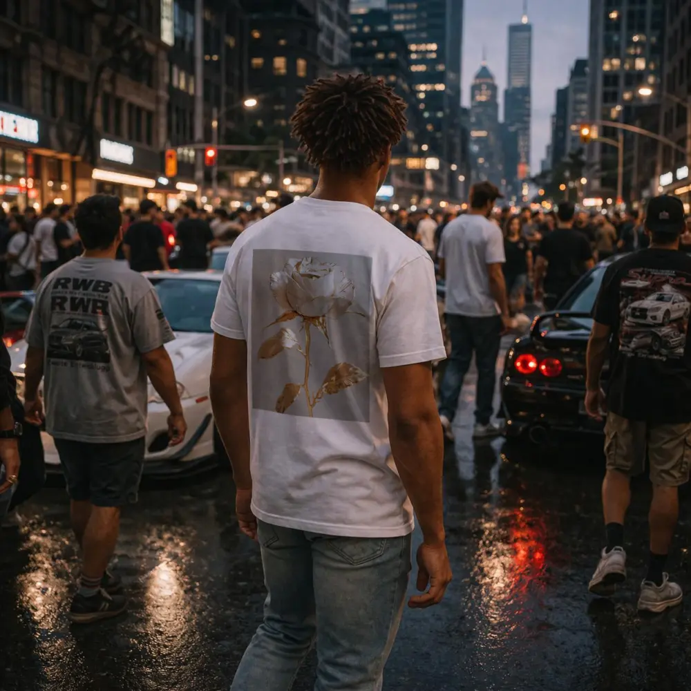 White Gold Rose Metallic Flower Art – T-Shirts