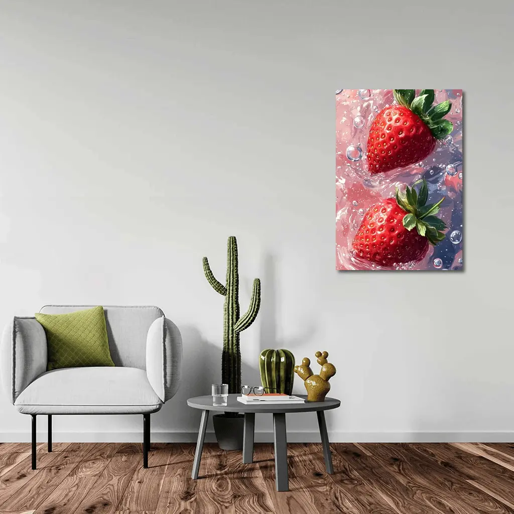 Two Red Strawberries Floating In Pink Water – Wall Art