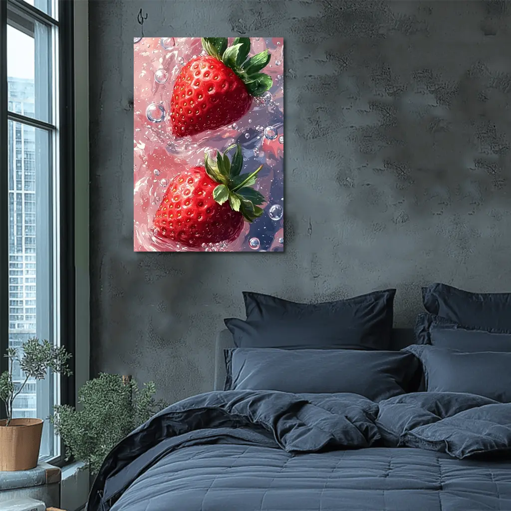 Two Red Strawberries Floating In Pink Water – Wall Art