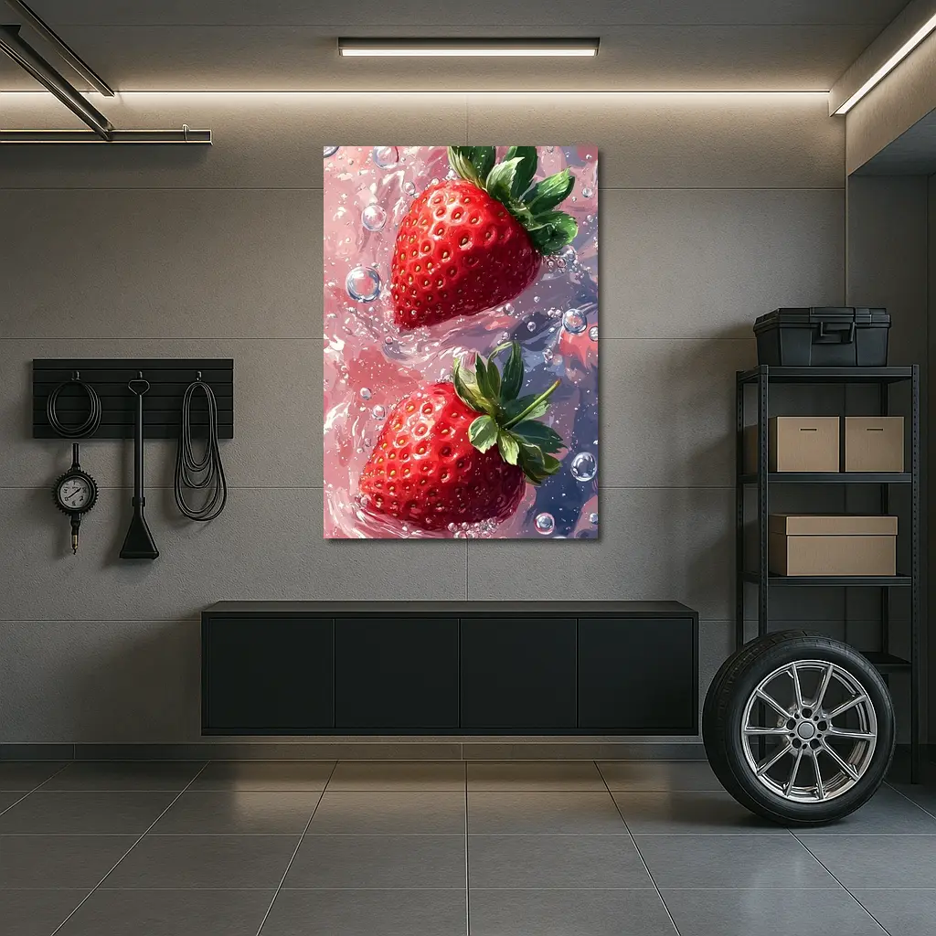 Two Red Strawberries Floating In Pink Water – Wall Art