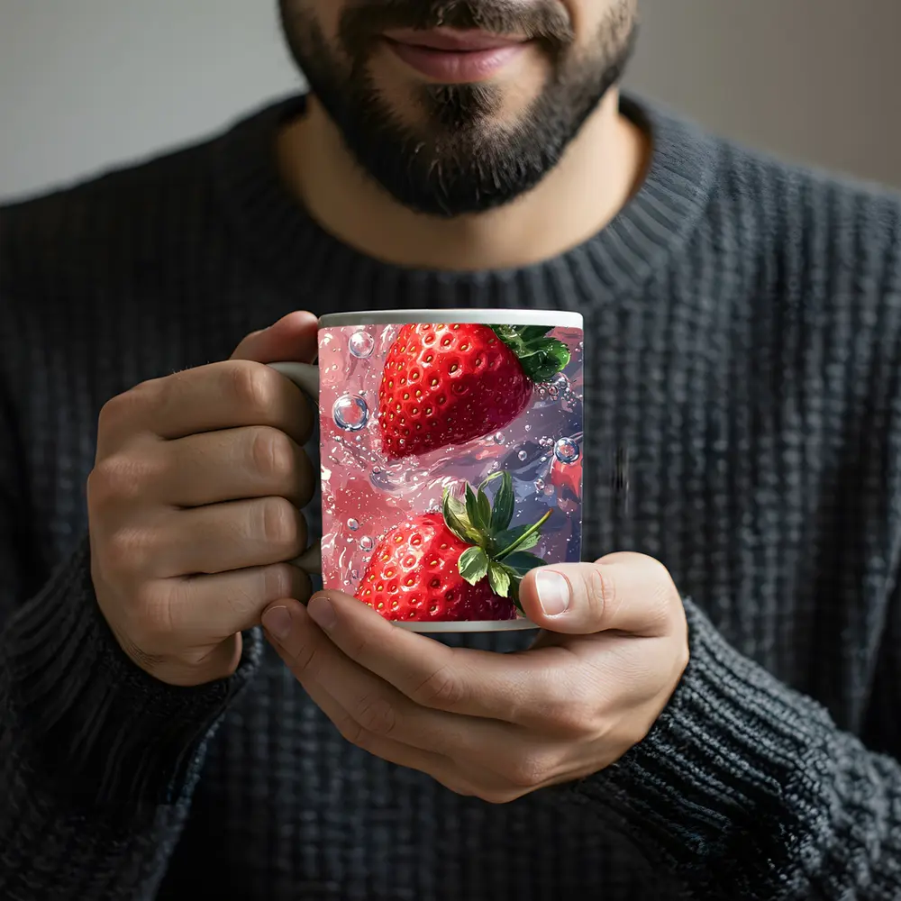 Two Red Strawberries Floating In Pink Water – Mugs