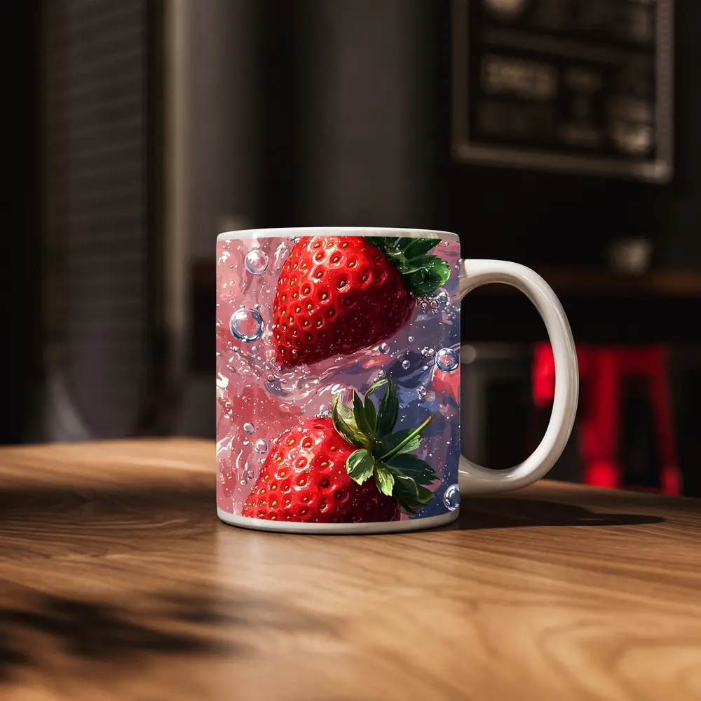 Two Red Strawberries Floating In Pink Water – Mugs
