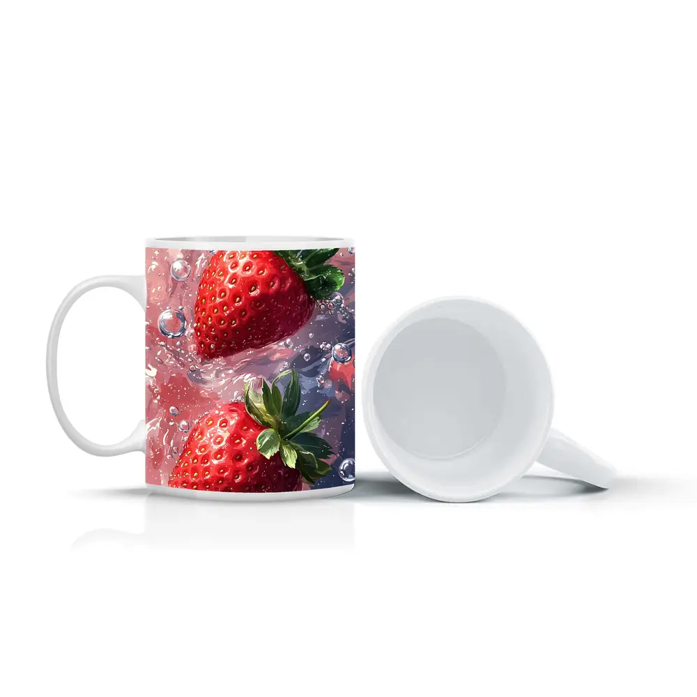 Two Red Strawberries Floating In Pink Water – Mugs