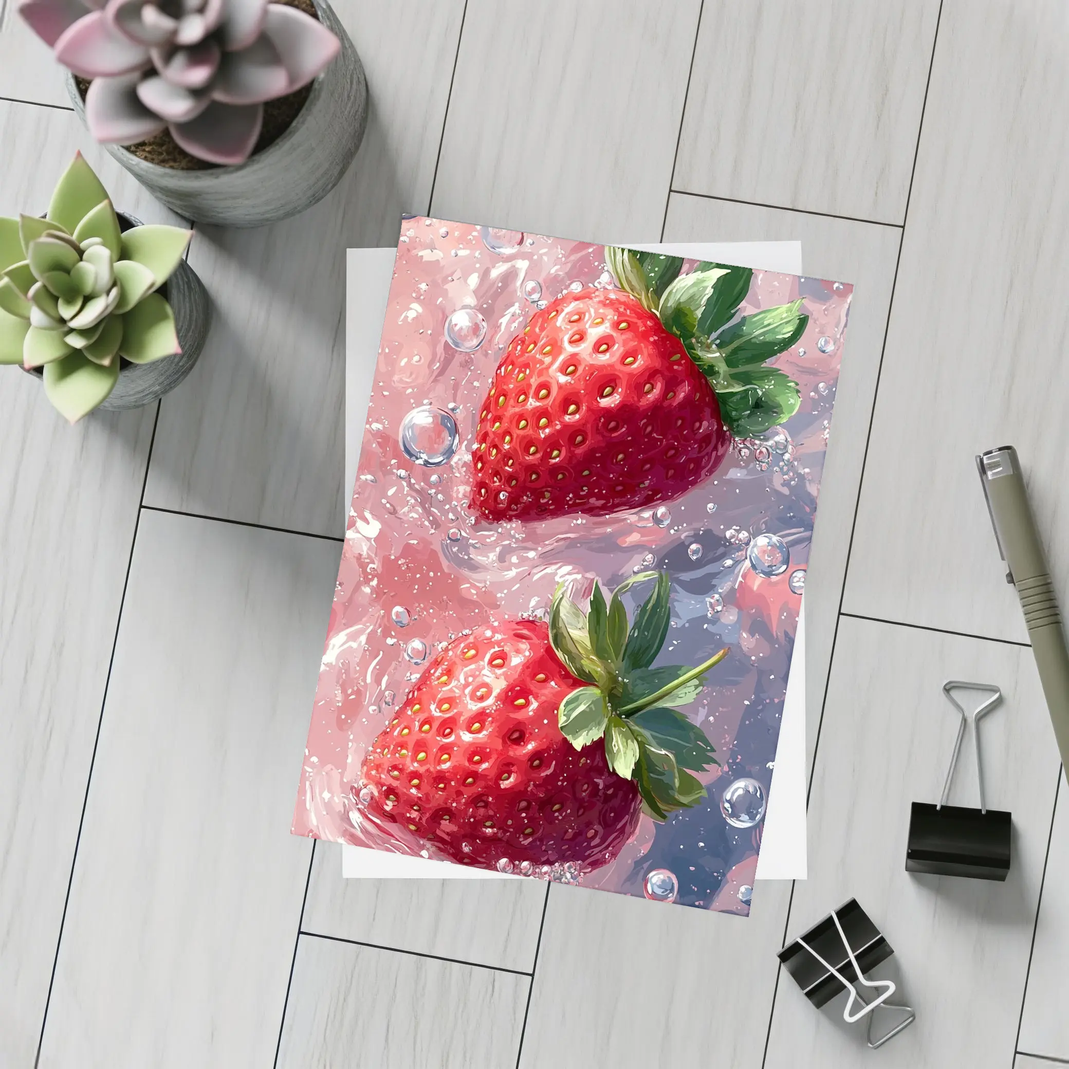 Two Red Strawberries Floating In Pink Water – Postcards