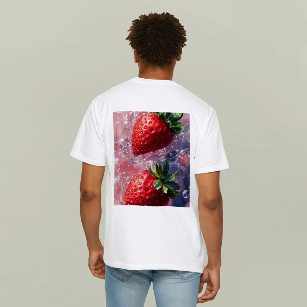Two Red Strawberries Floating In Pink Water – T-Shirts