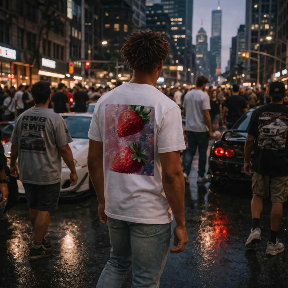 Two Red Strawberries Floating In Pink Water – T-Shirts