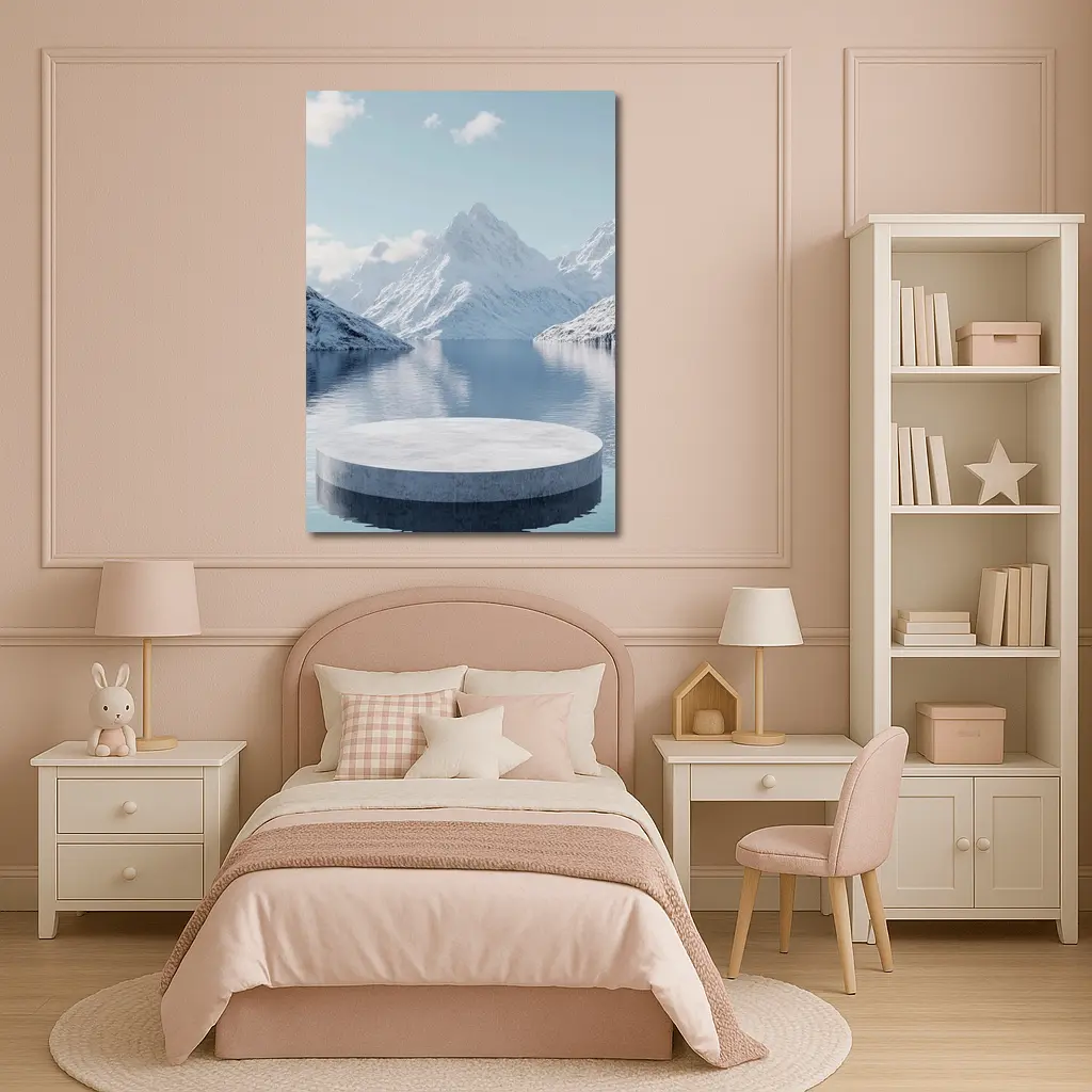 Stone Podium Snow Mountain Lake Reflection – Wall Art