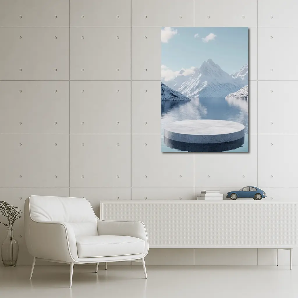 Stone Podium Snow Mountain Lake Reflection – Wall Art