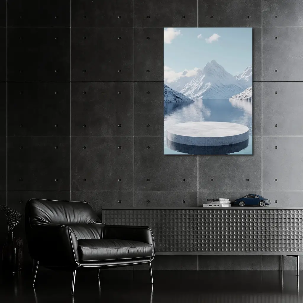 Stone Podium Snow Mountain Lake Reflection – Wall Art