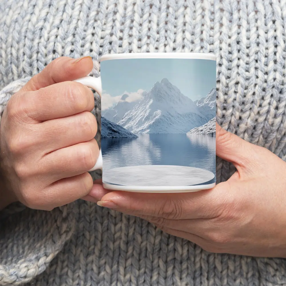 Stone Podium Snow Mountain Lake Reflection – Mugs