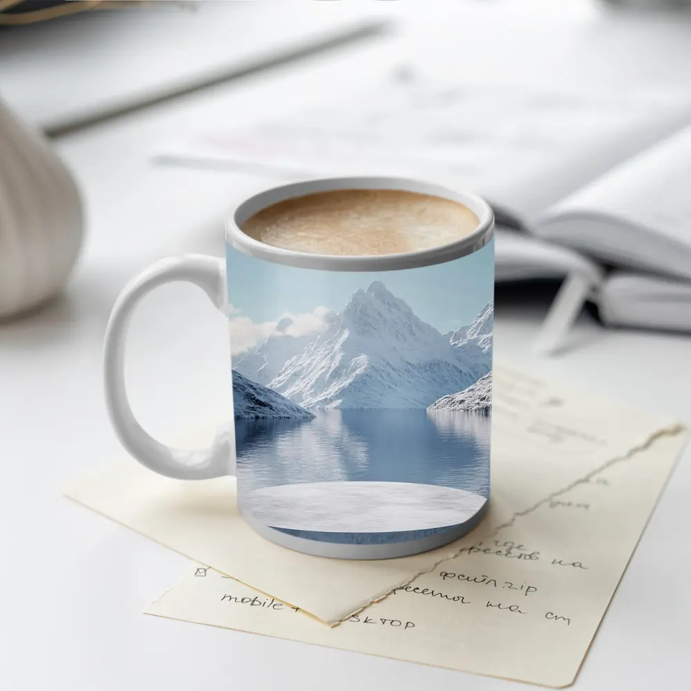 Stone Podium Snow Mountain Lake Reflection – Mugs