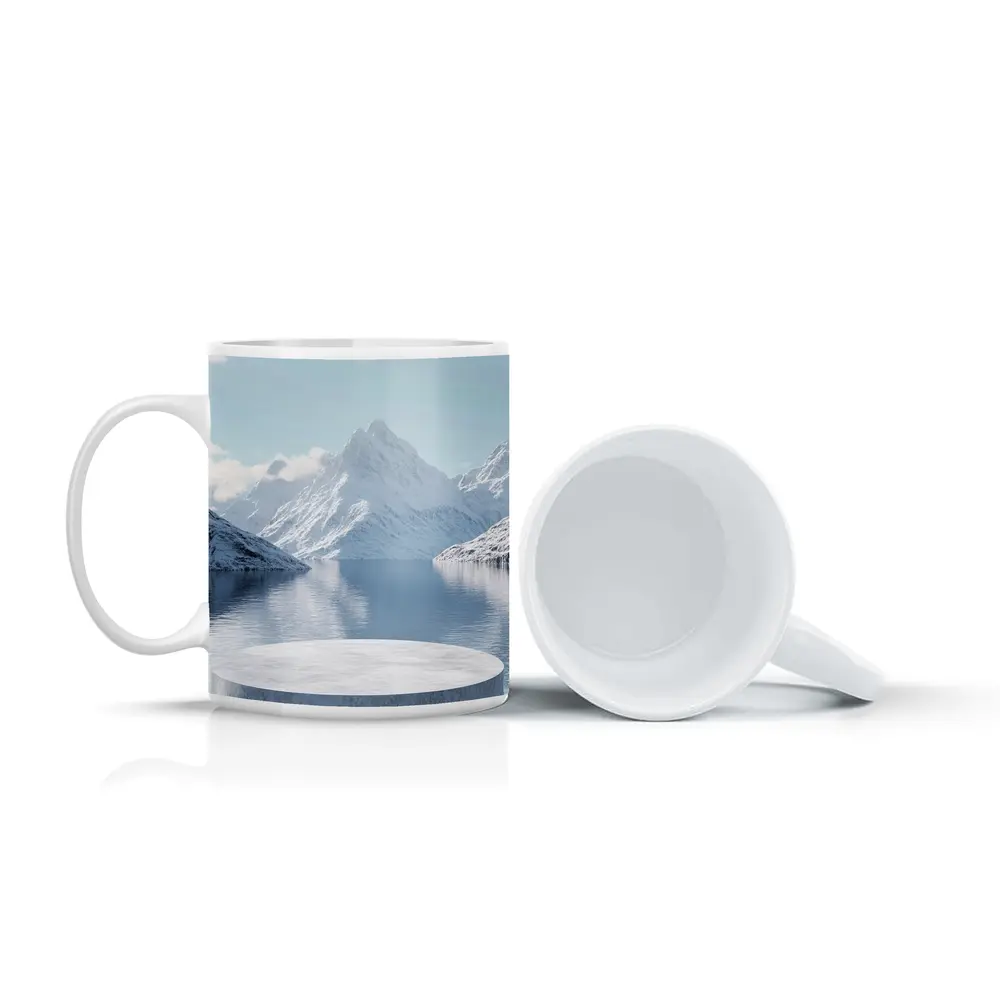Stone Podium Snow Mountain Lake Reflection – Mugs