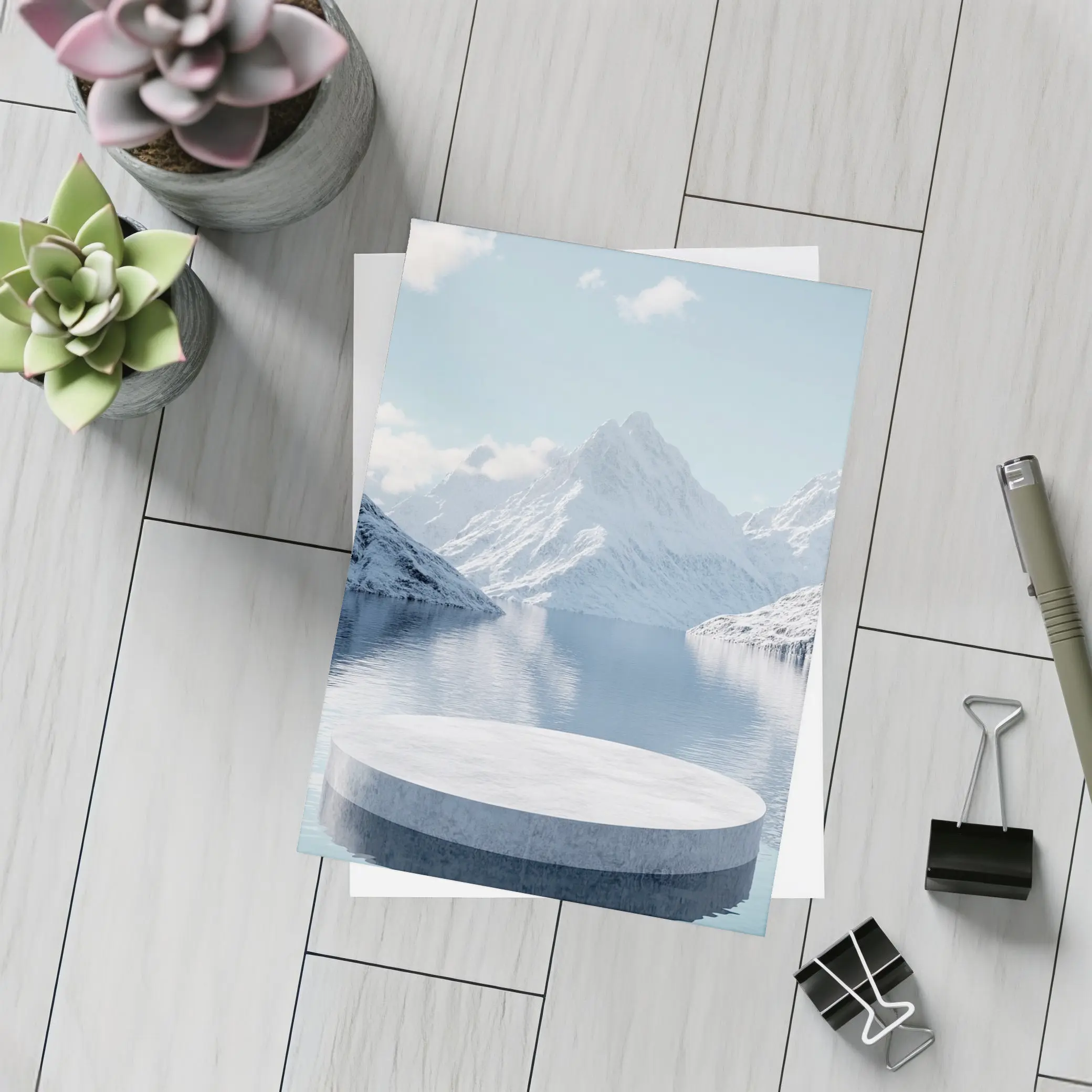 Stone Podium Snow Mountain Lake Reflection – Postcards