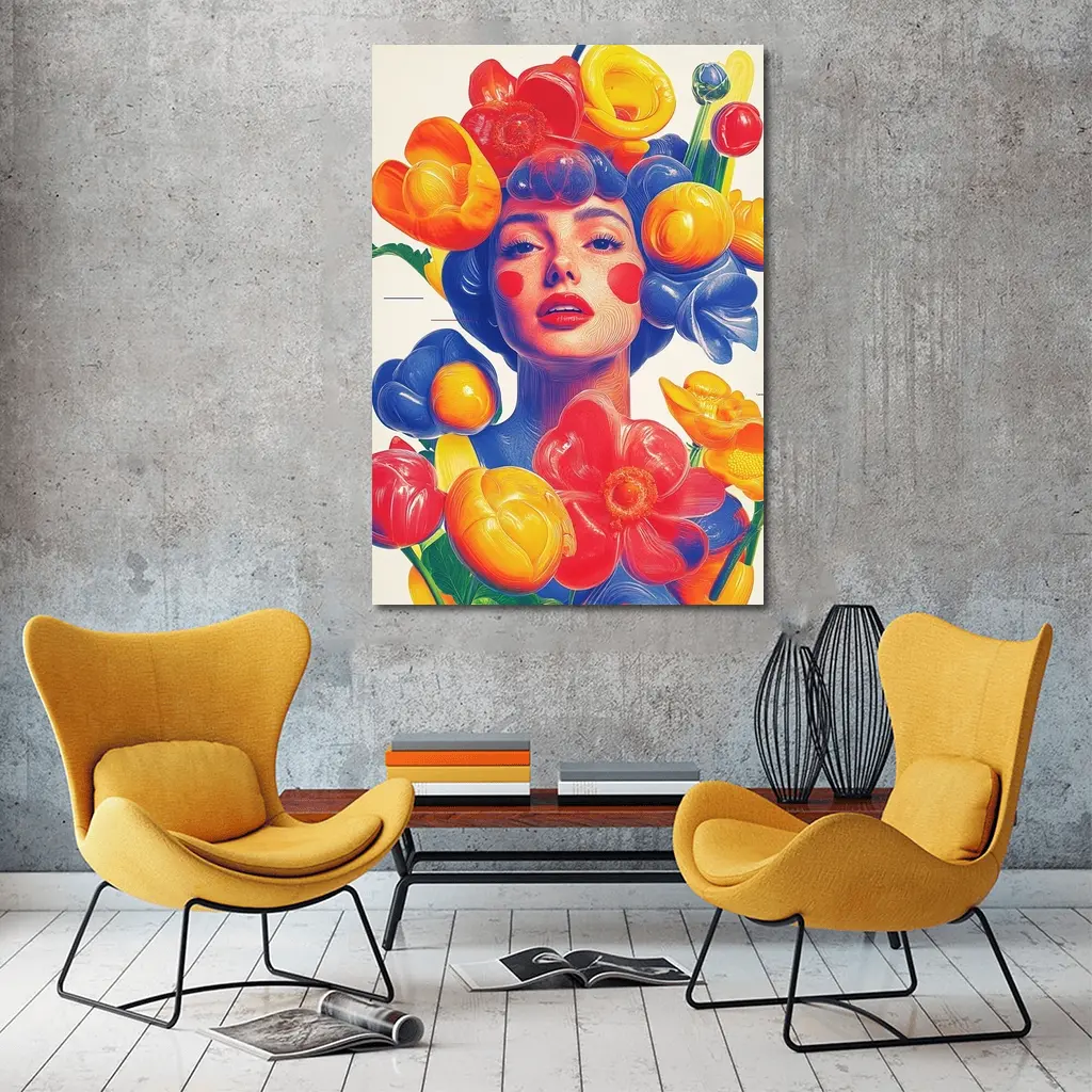 Colorful Woman Portrait Surrounded By Bold Flowers – Wall Art