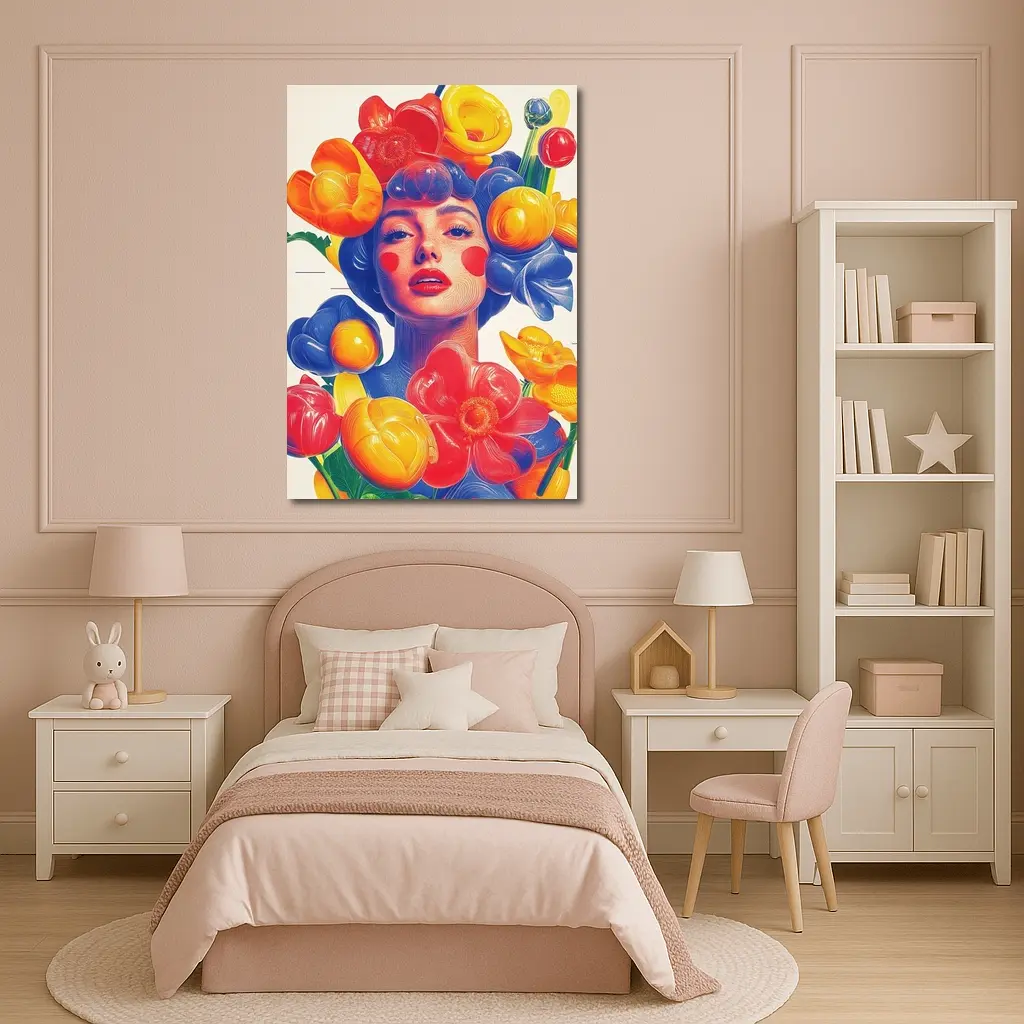 Colorful Woman Portrait Surrounded By Bold Flowers – Wall Art
