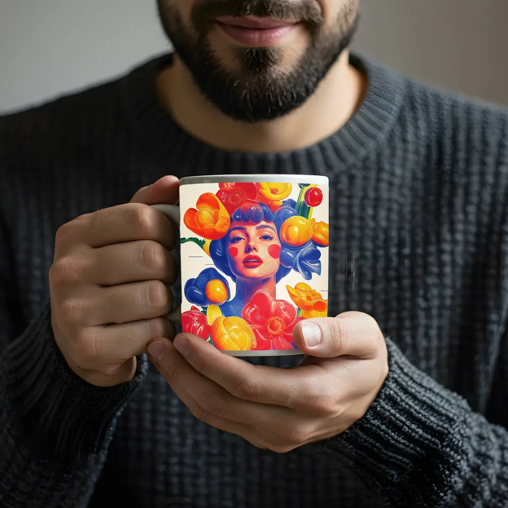 Colorful Woman Portrait Surrounded By Bold Flowers – Mugs