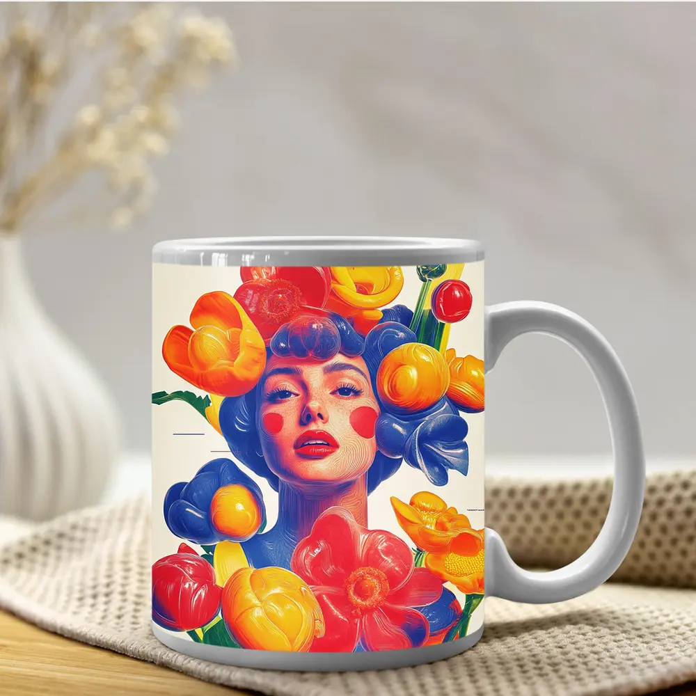 Colorful Woman Portrait Surrounded By Bold Flowers – Mugs