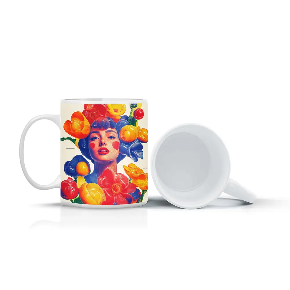 Colorful Woman Portrait Surrounded By Bold Flowers – Mugs