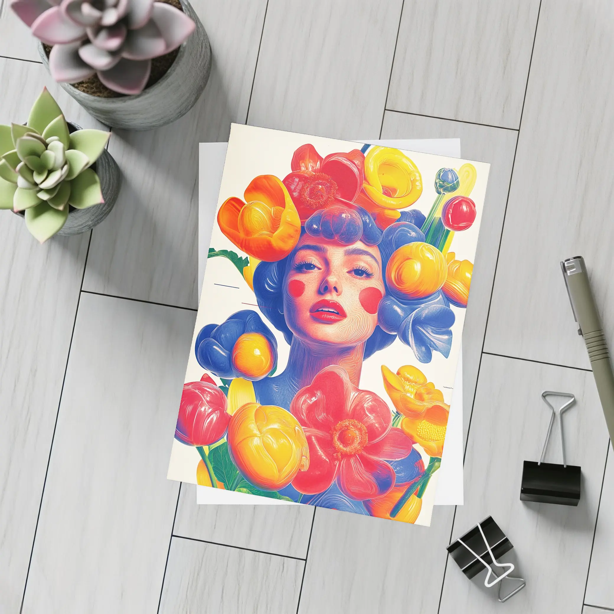 Colorful Woman Portrait Surrounded By Bold Flowers – Postcards