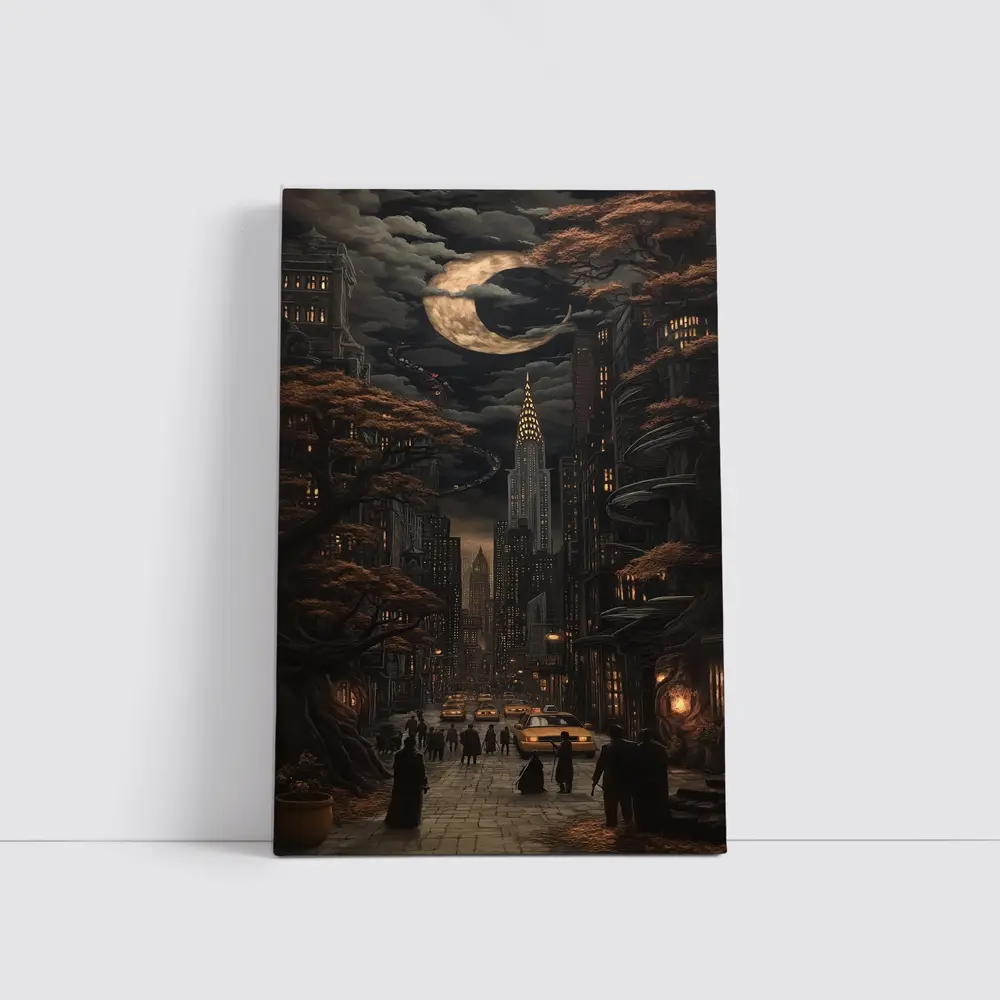 Dark Gothic City Night Crescent Moon Art – Wall Art