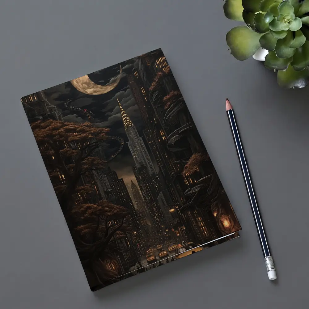 Dark Gothic City Night Crescent Moon Art – Notebooks