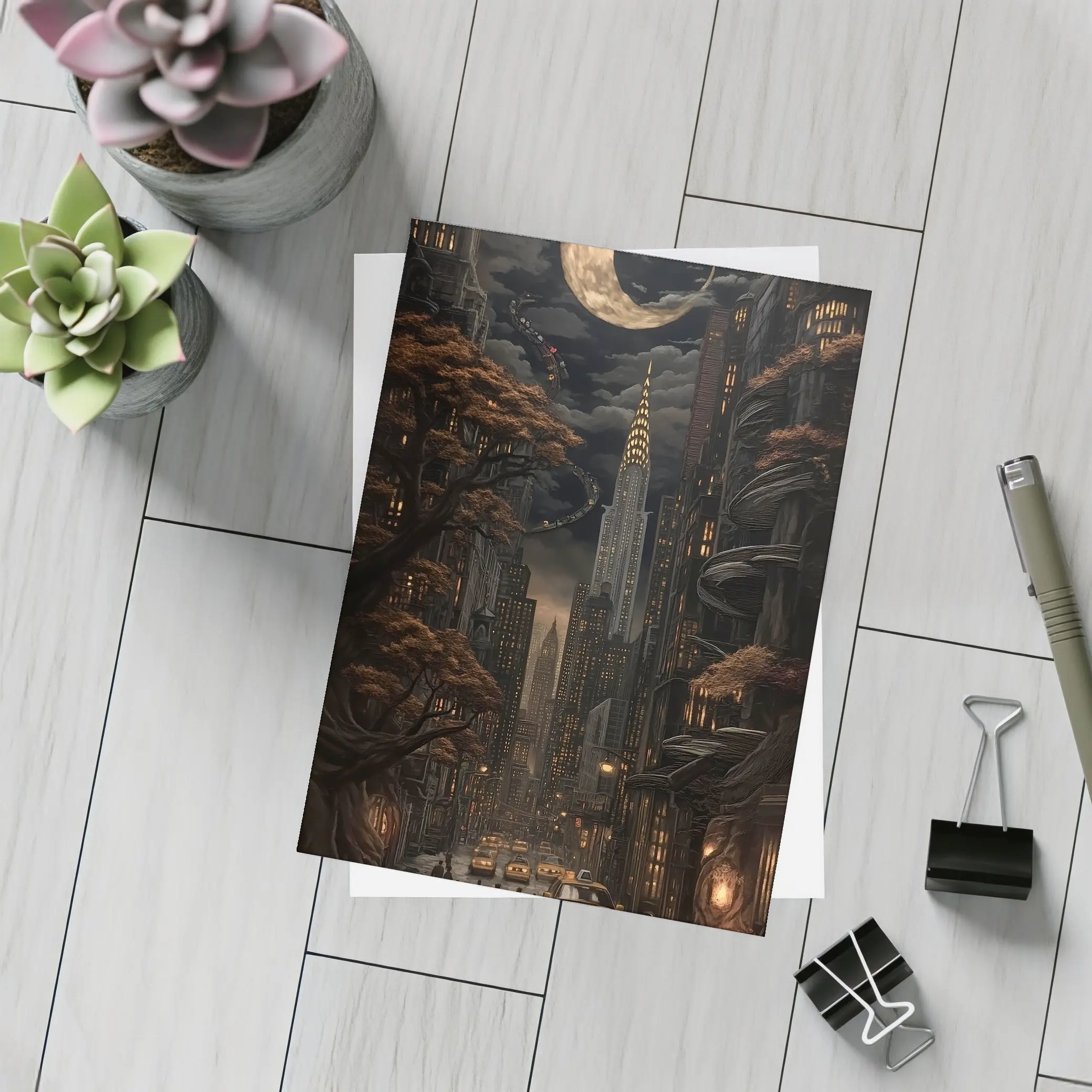 Dark Gothic City Night Crescent Moon Art – Postcards