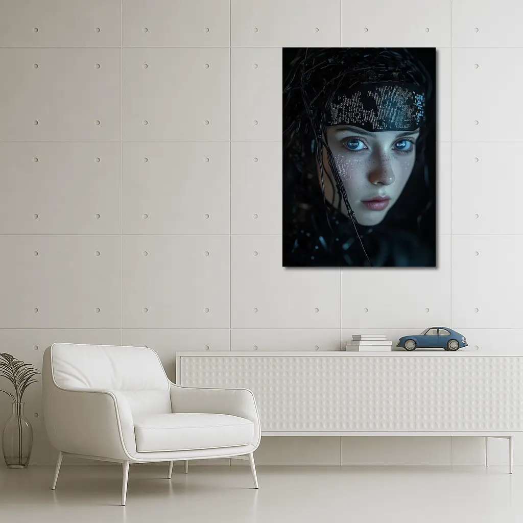 Cyberpunk Girl Digital Code Dark Portrait – Wall Art